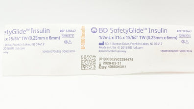 BD 328447 SafetyGlide U-100 Insulin Syringe 1/2mL x 31G x 15/64inch TW